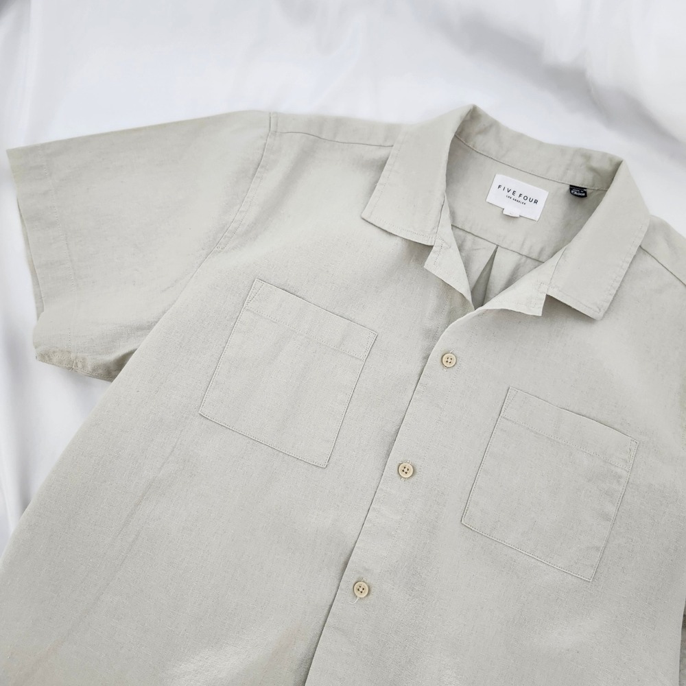 Five Four Clifford Linen Blend Button Up‎ Shirt Mens Large Taupe Short Sleeve